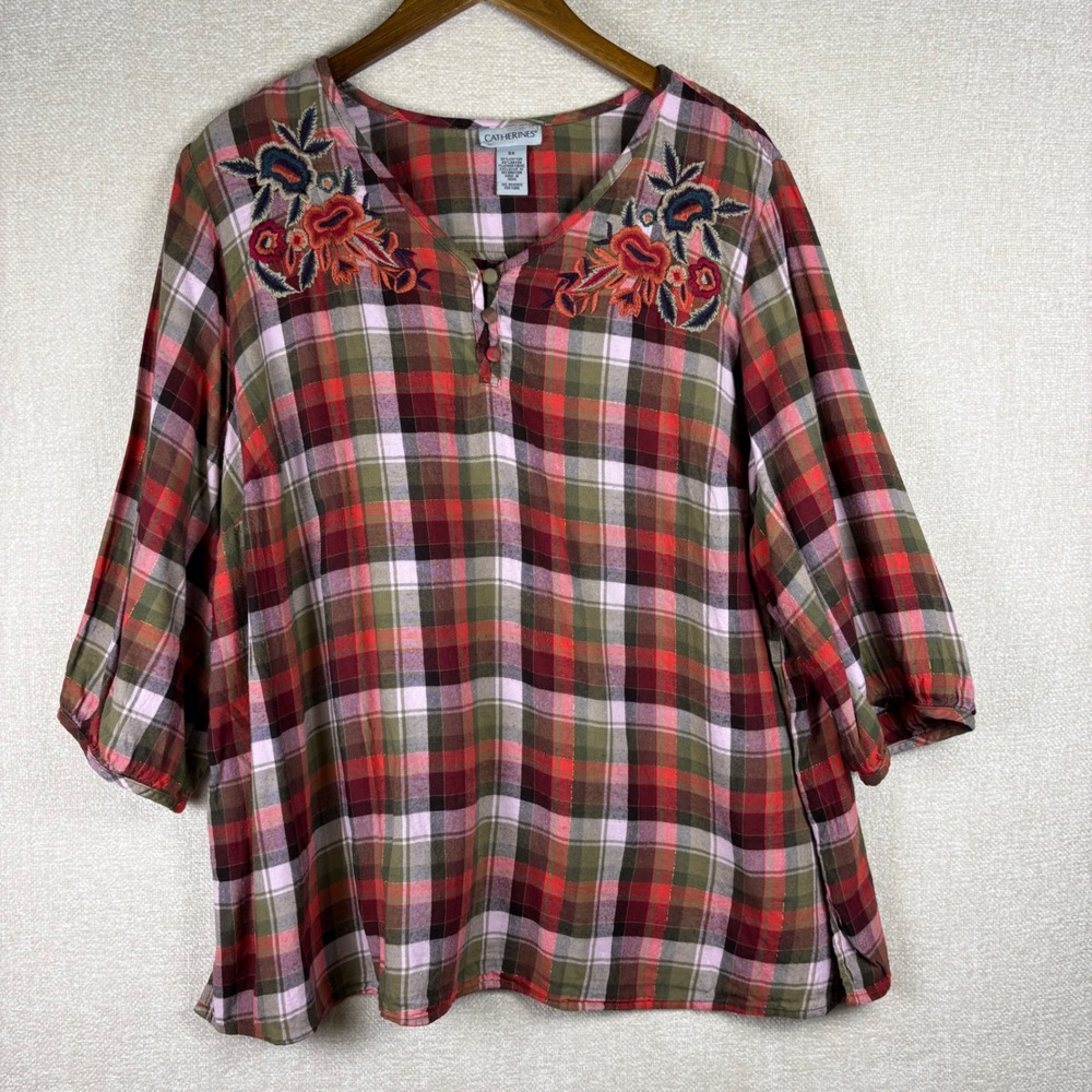 Catherines Plaid Floral Embroidered Henley Blouse Red Green Pink 2X Plus Size